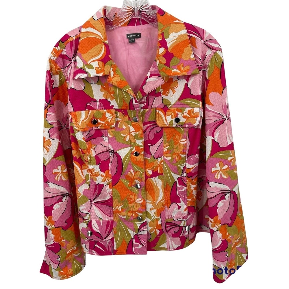 Anthracite Floral Jacket  Button Front Long Sleeve Colorful Artsy Bright Women M